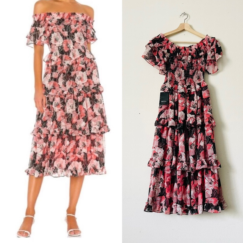 NWT MISA Los Angeles SMALL Tallulah chiffon floral tiered lined midi dress